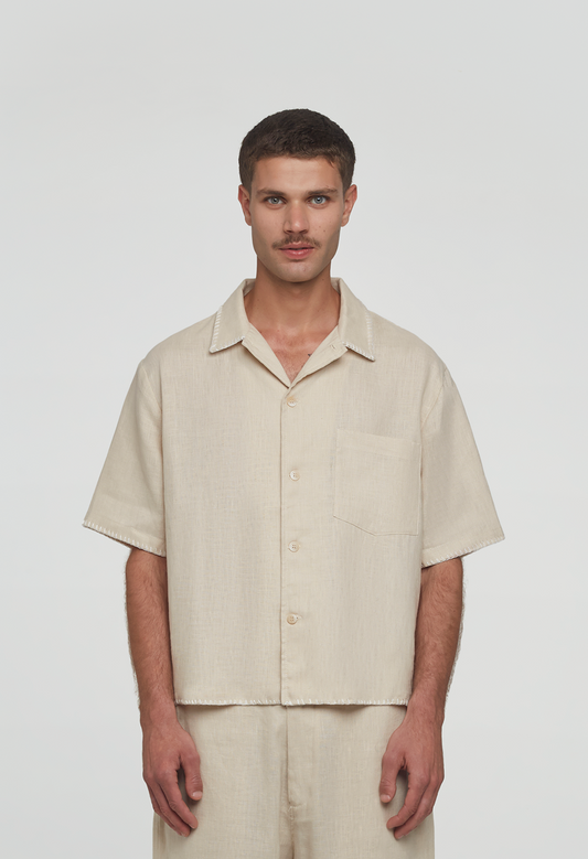 545 LINEN BOWLING SHIRT SAND BEIGE